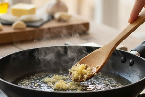 تفت دادن سیر برای میرزا قاسمی در تابه