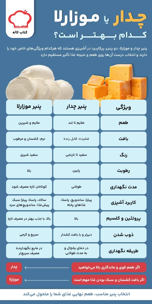 اینفوگرافیک تفاوت پنیر چدار با موزارلا