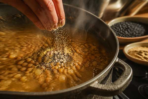 افزودن ادویه‌ها به عدسی بدون رب