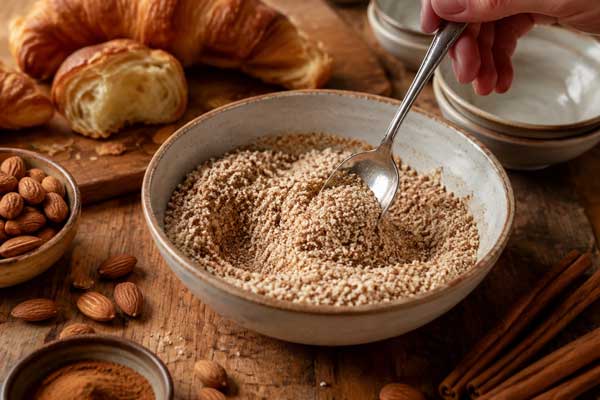 مخلوط کردن پودر بادام و پودر دارچین در تهیه کروسان کیک