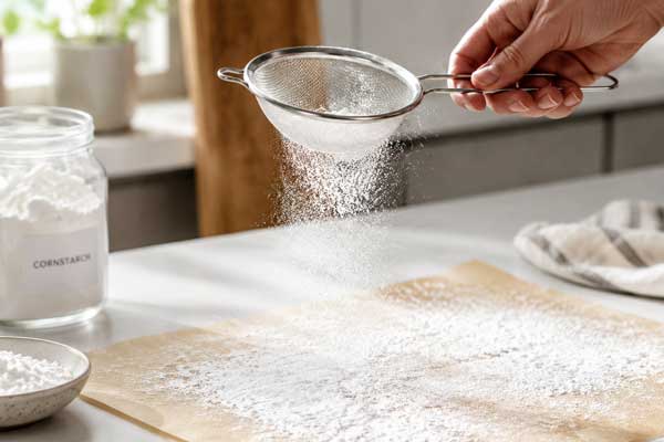 پاشیدن نشاسته ذرت روی سطح کار برای تهیه موچی توت فرنگی