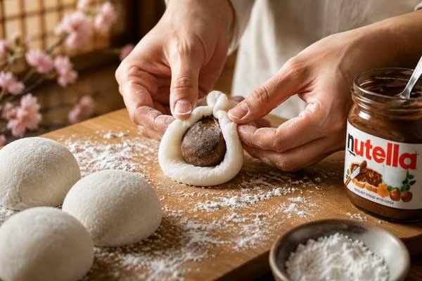 پیچاندن خمیر موچی نوتلا