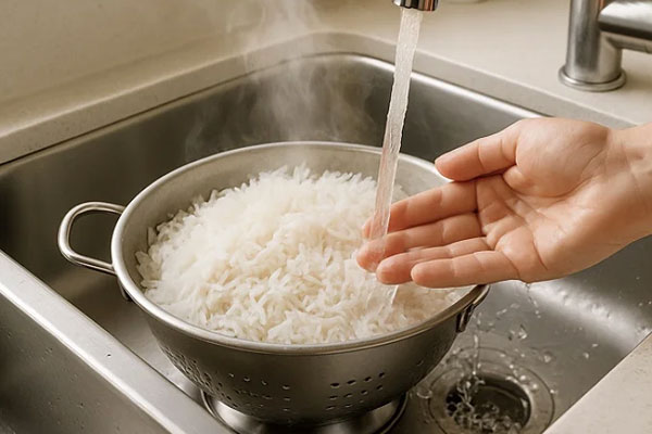 آبکش کردن برنج برای تهیه ته چین مرغ شیرازی