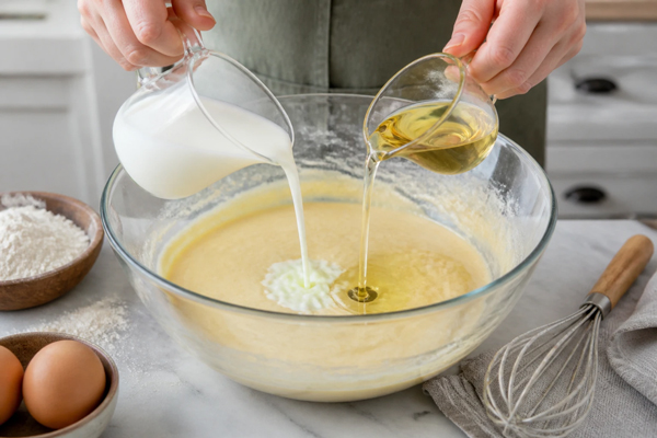 افزودن شیر و روغن به مخلوط تخم‌رغ برای تهیه کیک بدون فر