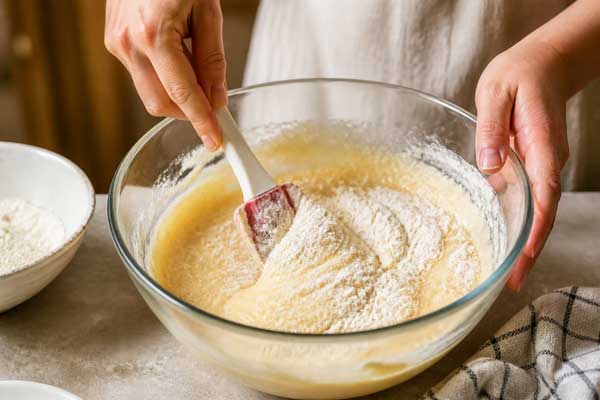 افزودن مخلوط آرد به مخلوط تخم‌مرغ در تهیه کیک صبحانه