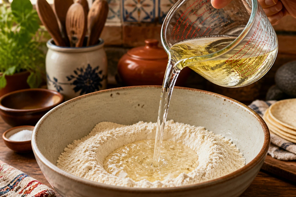 افزودن روغن و آب در تهیه خمیر نان تورتیلا