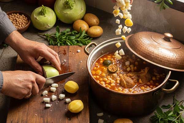افزودن کلم قمری و سیبزمینی حردشده به آبگوشت