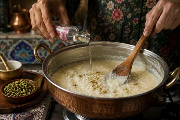افزودن گلاب به شیر برنج بدون خامه