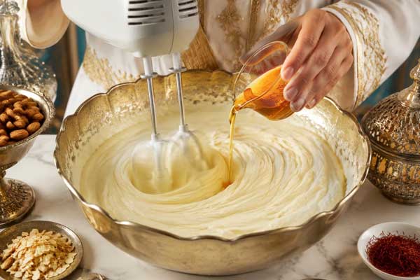 افزودن زعفران به شربتبار و هم زدن آن برای تهیه لوز بادام