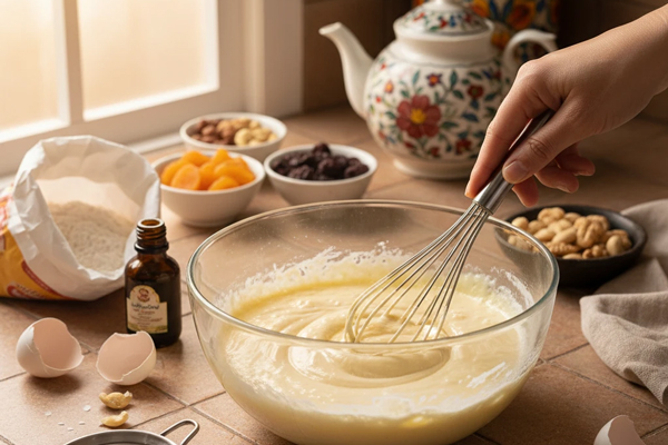 مخلوط کردن تخم‌مرغ، شکر و وانیل برای تهیه کیک بدون فر