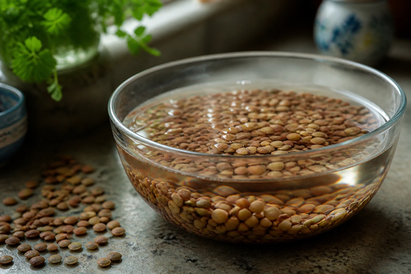 خیس کردن عدس‌ در تهیه عدسی تهرانی