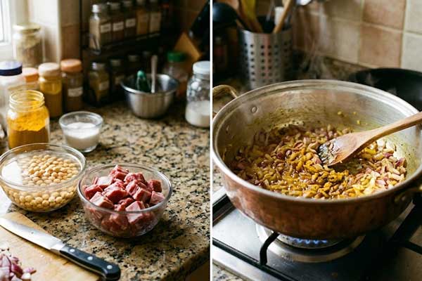 خیس کردن حبوبات، آماده کردن پیاز و گوشت در تهیه آبگوشت کلم