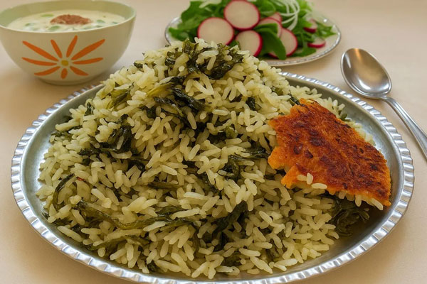 سرو والک پلو با ته دیگ و ماست و سبزی خوردن 