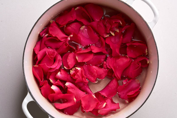 گلبرگ گل محمدی در آب برای تهیه شربت
