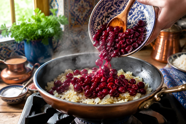افزودن آلبالو به پیاز تفت داده‌شده در تهیه مایه آلبالو پلو
