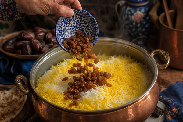 افزودن کشمش پلویی و دم کردن خرما پلو