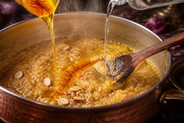 افزودن گلاب و زعفران به مایه سوهان عسلی بدون شکر