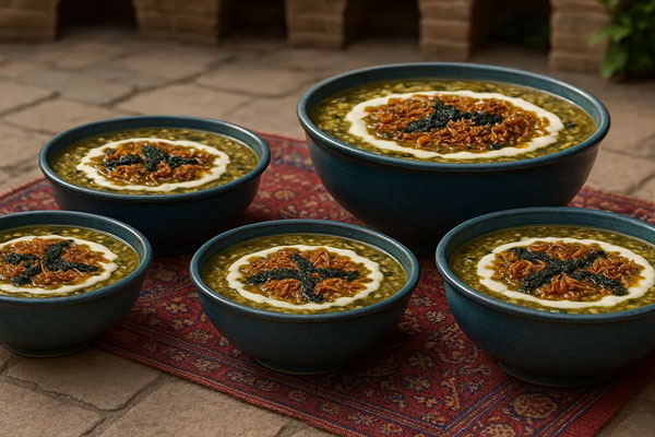 آش رشته نذری تزیین شده در کاسه سفالی برای عاشورا