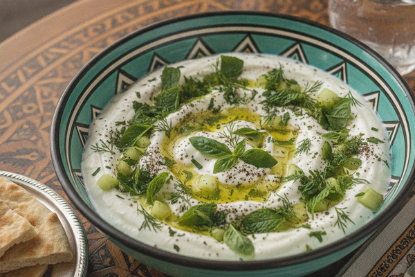 تزیین ماست و خیار با سبزی تازه