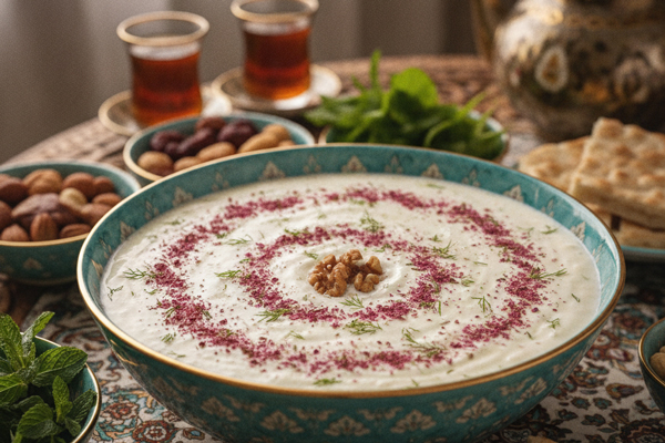 تزیین ماست و خیار با پودر گل محمدی