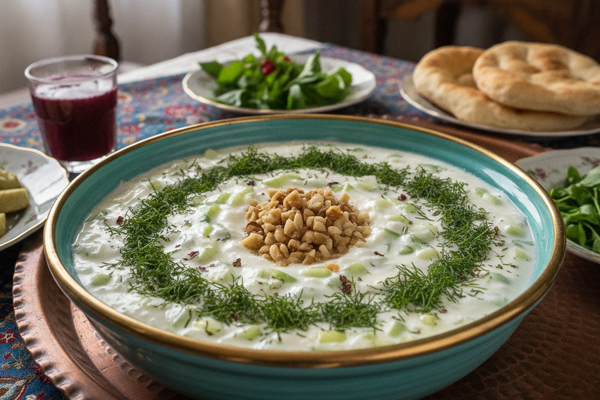 تزیین ماست و خیار با شوید و گردو