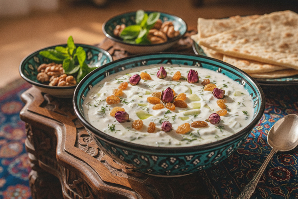تزیین ماست و خیار با کشمش و گل محمدی