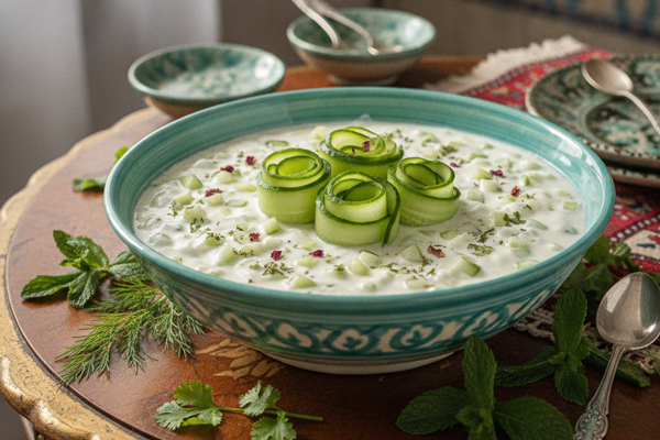 تزئین ماست و خیار با گل خیار