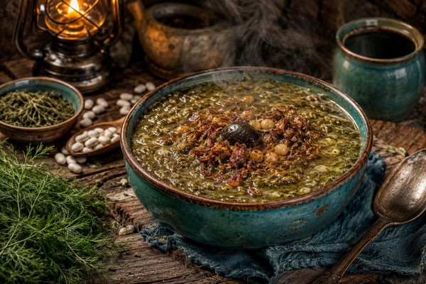 آش ترخینه لری با تزئین پیازداغ