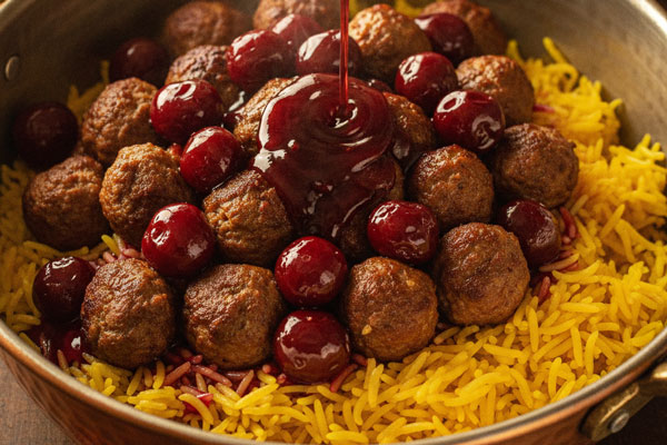 ریختن شربت آلبالو برای تهیه آلبالو پلو با آلبالو فریزری