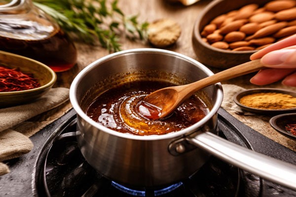 مخلوط کردن عسل و شیره انگور برای تهیه سوهان عسلی بدون شکر