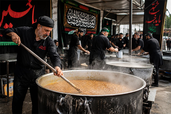 پخت عدسی نذری محرم در دیگ بزرگ