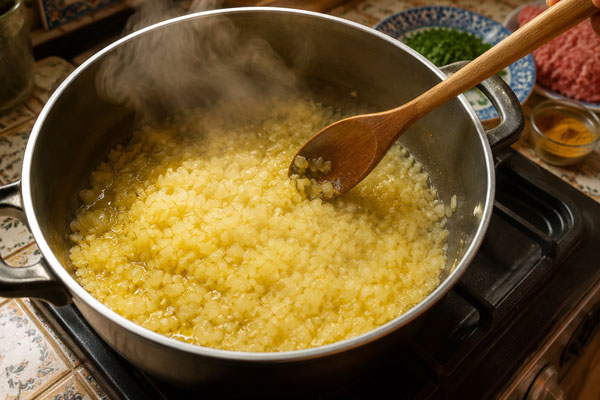 آماده و سرخ کردن پیاز در تهیه خورشت نخودفرنگی و مرغ
