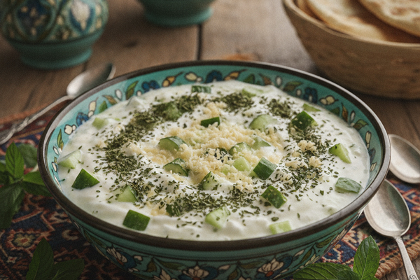 تزیین ساده ماست و خیار با سیر و نعناع