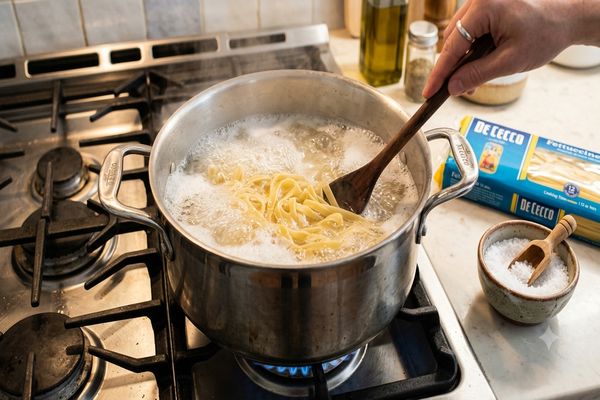 پختن پاستا در آب جوش برای تهیه پاستا با گوشت