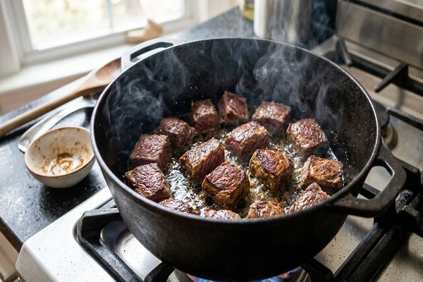 سرخ کردن گوشت تکه ای برای تهیه پاستا