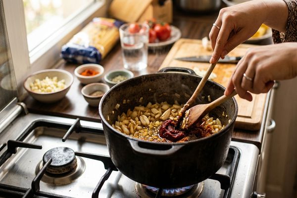تفت دادن پیاز و سیر به همراه رب و ادویه برای تهیه پاستا با گوشت