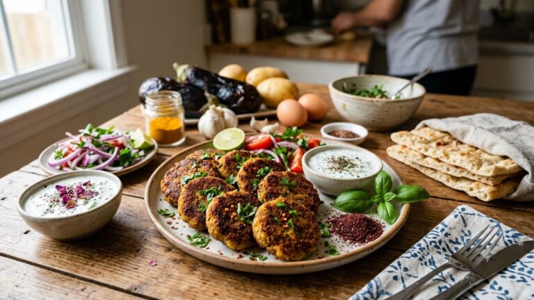 کتلت بادمجان و سیب‌زمینی به همراه دورچین و نان تازه