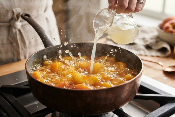 افزودن آبلیمو به هلو پخته‌شده در شربت برای تهیه رانی هلو