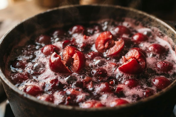 جوشاندن آلبالوها تا مرز ترک خوردن در تهیه شربت آلبالو با هسته