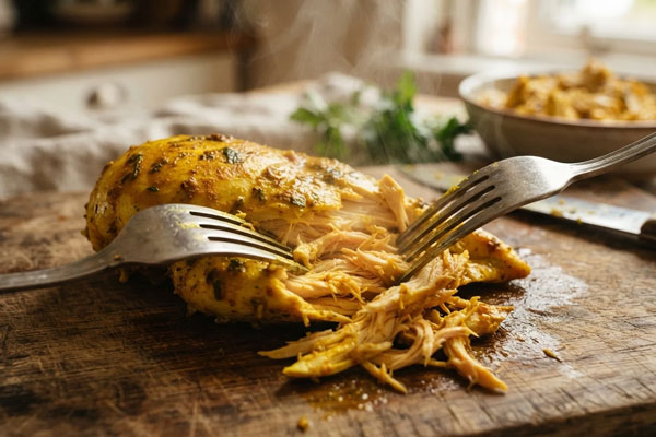 پخت و ریش ریش کردن مرغ در تهیه باقالی پلو با مرغ ریش ریش