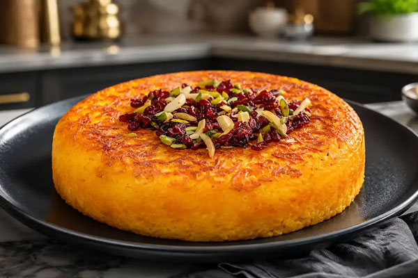 ته چین مرغ برای 5 نفر آماده شده در ظرف سرامیکی 