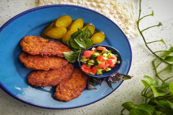 کتلت گوشت کوبیده با سالاد شیرازی و دورچین خیارشور