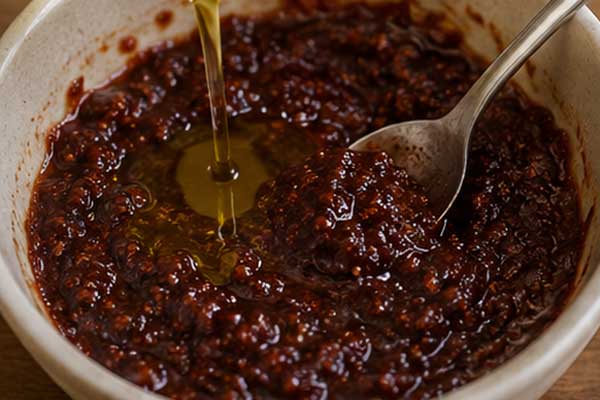 افزودن روغن زیتون به مخلوط سس اکبر جوجه