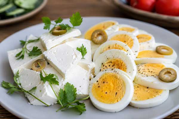 تزیین پنیر صبحانه با تخم‌مرغ آبپز و زیتون