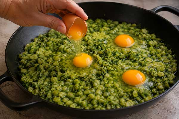 شکستن تخم‌مرغ‌ها روی باقالا در طرز تهیه باقلا وابیج