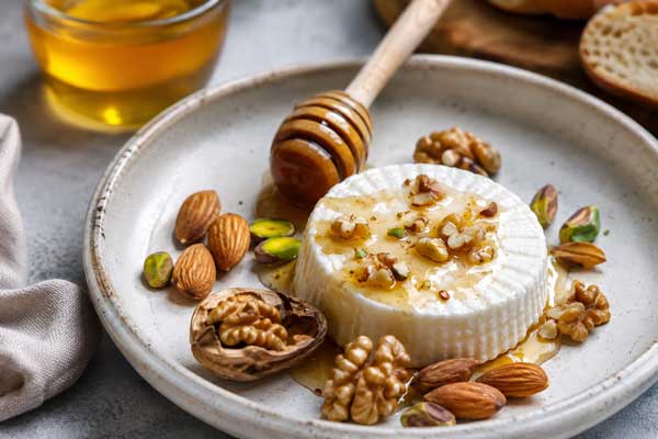 تزیین پنیر صبحانه با عسل و مغزیجات برای سرو در هتل و مهمانی‌ها
