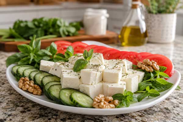 تزیین پنیر صبحانه برای مهمانی با گوجه و خیار و گردو