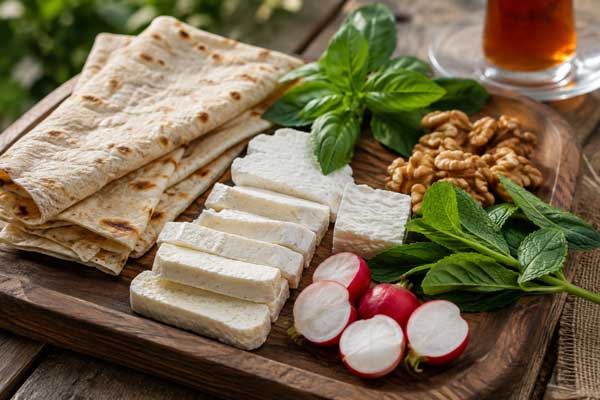 تزیین پنیر صبحانه با سبزی خوردن، نان و گردو