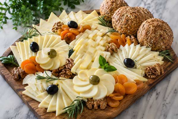 تزیین پنیر صبحانه در سینی پذیرایی به همراه برش‌های نان و مغزیجات