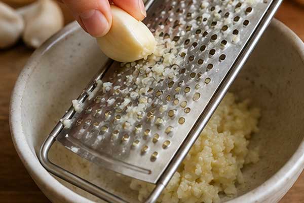 رنده کردن سیر برای تهیه سس اکبر جوجه